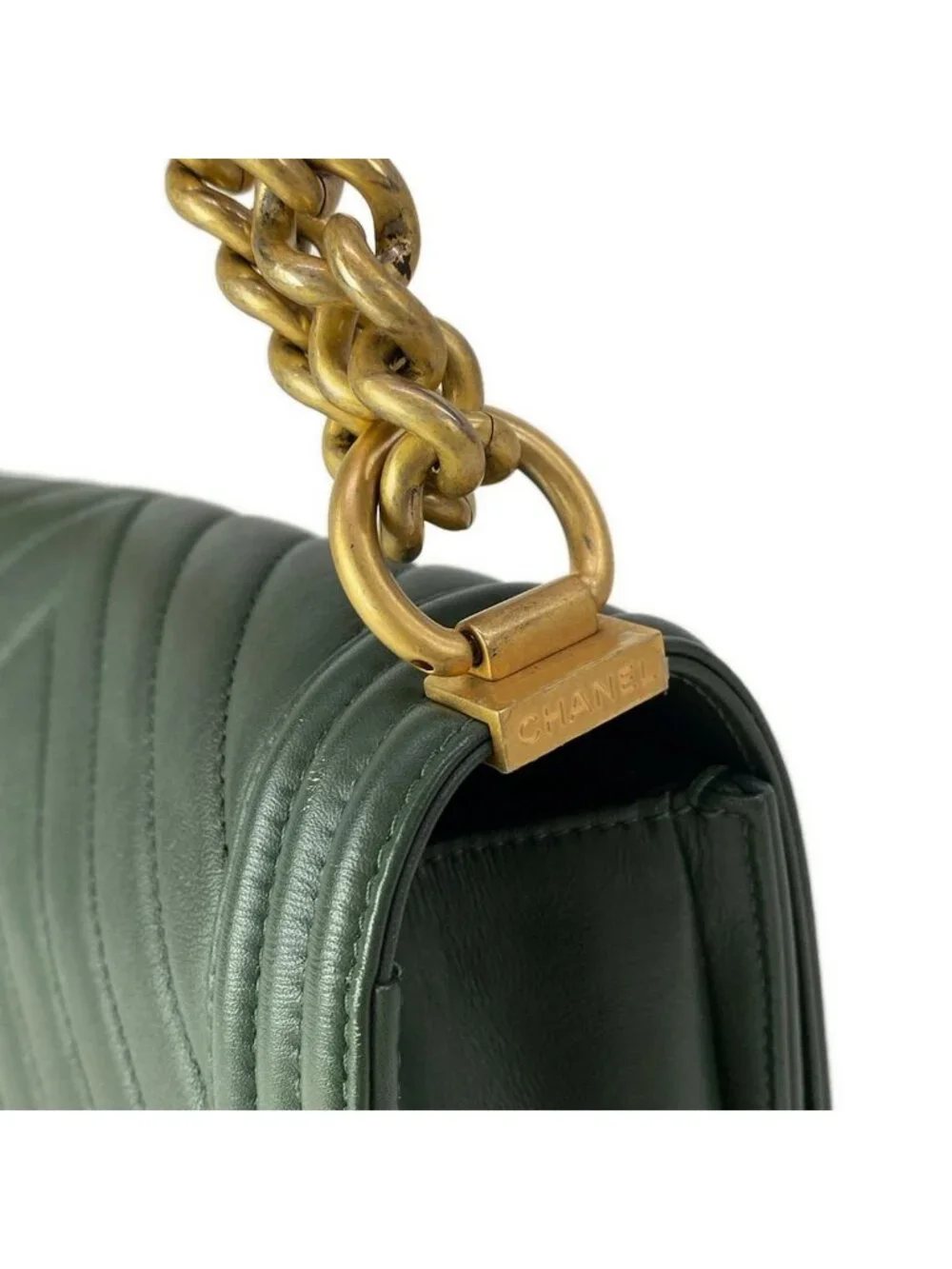 Chanel Shoulder Bag Boy Quilted Dark Green Vintage Gold Chain Leather